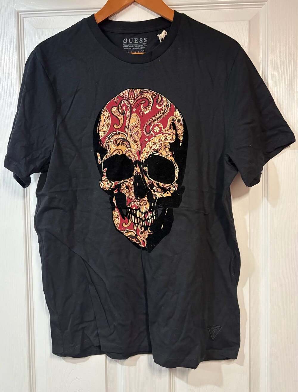 Guess Skull Paisley Graphic T-Shirt XL Black Organic Cotton